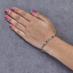 14K Yellow Gold Multi-Gemstone  and Diamond Halo Rainbow Tennis Bracelet