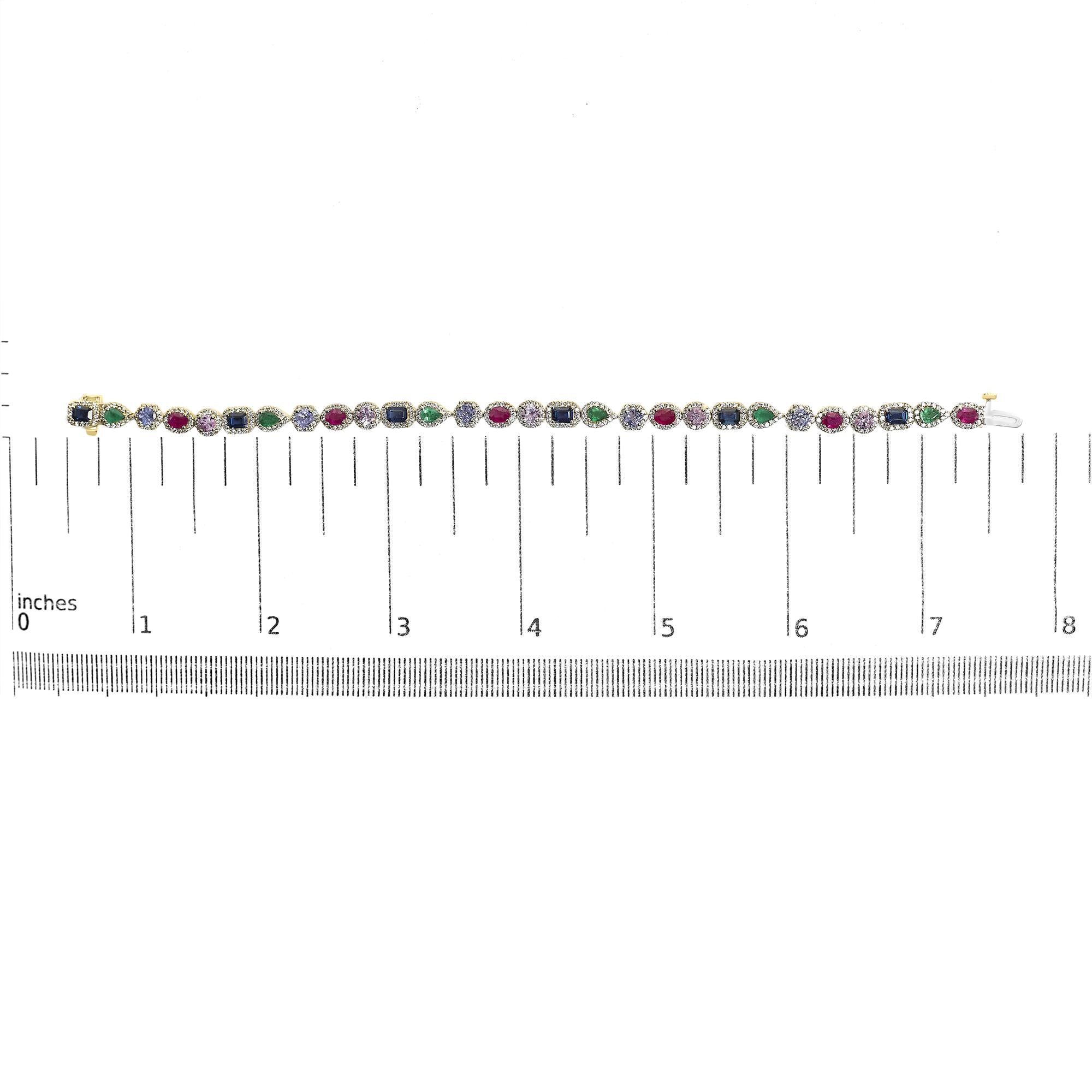 14K Yellow Gold Multi-Gemstone  and Diamond Halo Rainbow Tennis Bracelet