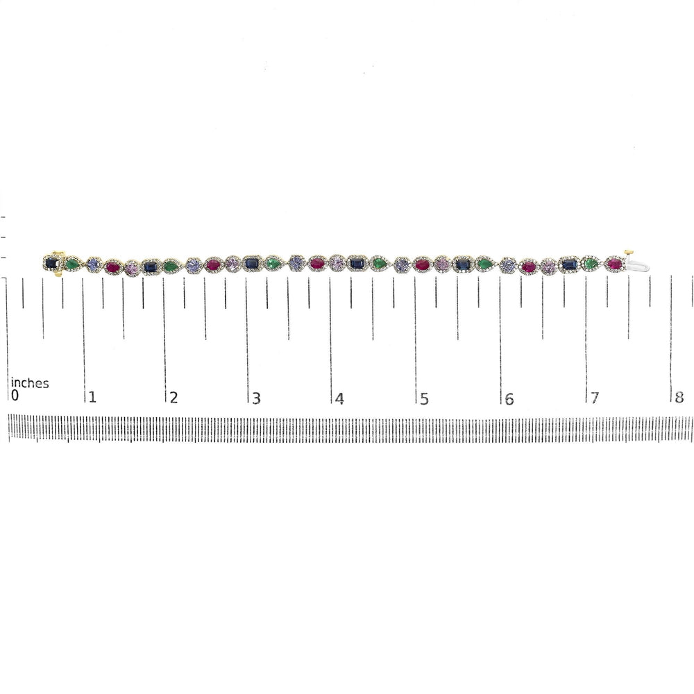 14K Yellow Gold Multi-Gemstone  and Diamond Halo Rainbow Tennis Bracelet
