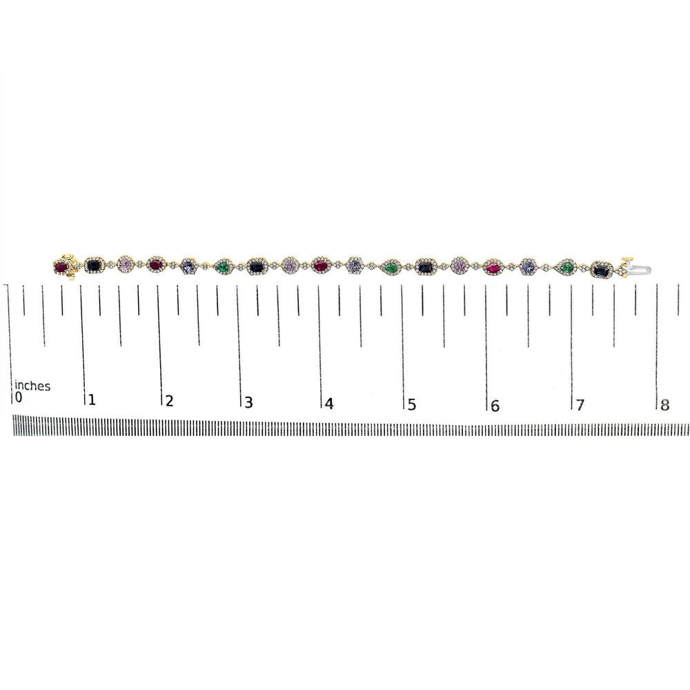 14K Yellow Gold Multi-Gemstone  and Diamond Halo Rainbow Link Bracelet