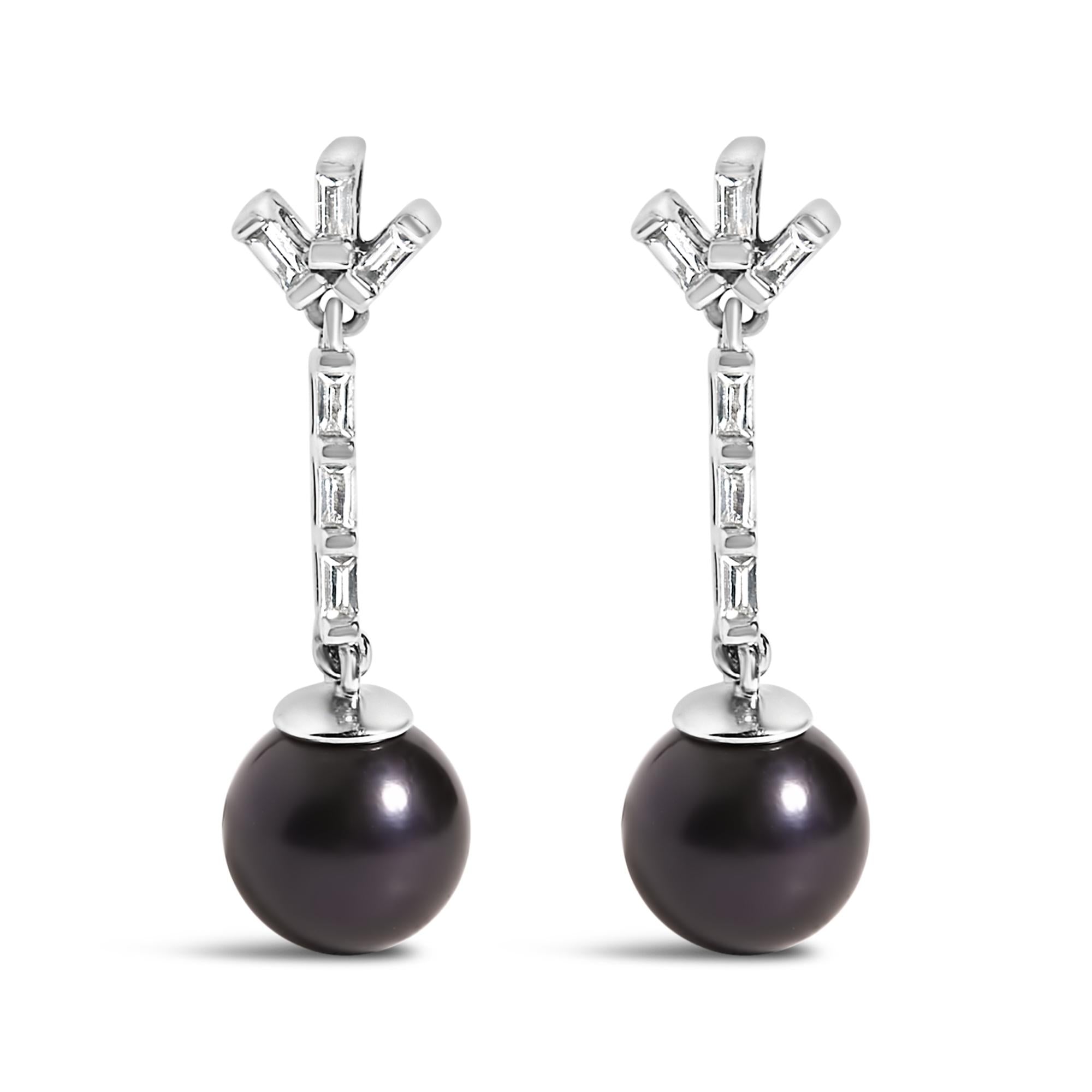 .925 Sterling silver 7MM Cultured Black Pearl and White sapphire Drop and Dangle Earring