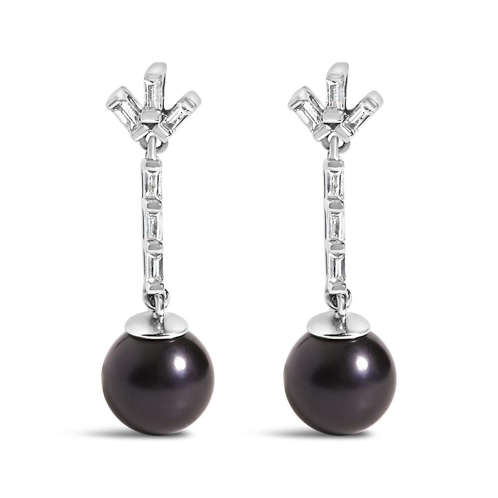 .925 Sterling silver 7MM Cultured Black Pearl and White sapphire Drop and Dangle Earring