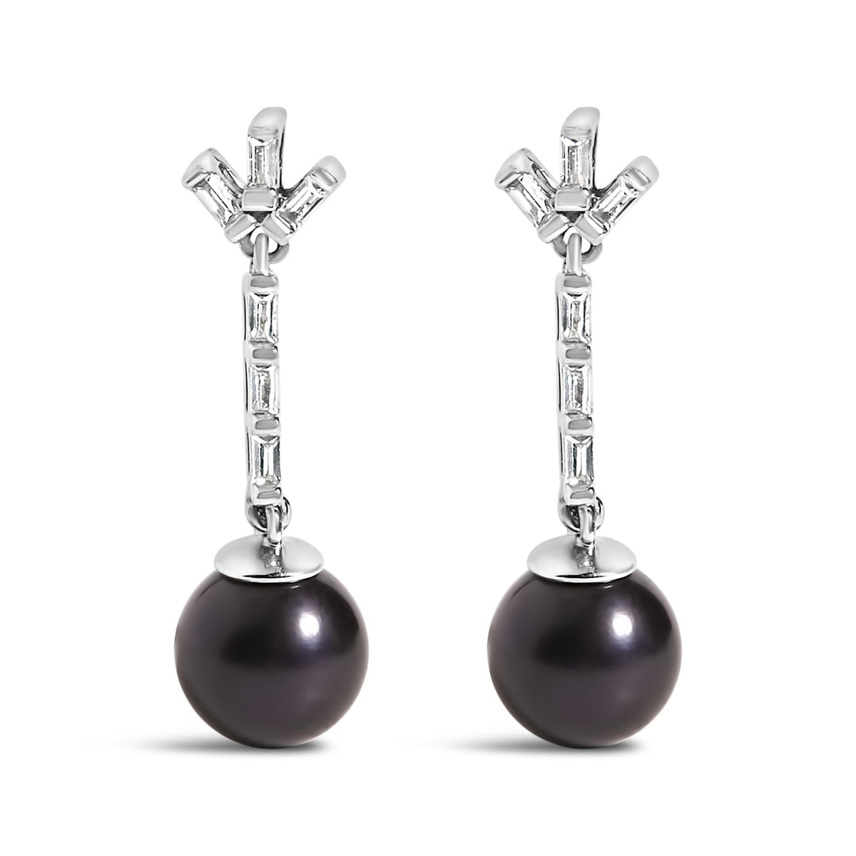 .925 Sterling silver 7MM Cultured Black Pearl and White sapphire Drop and Dangle Earring