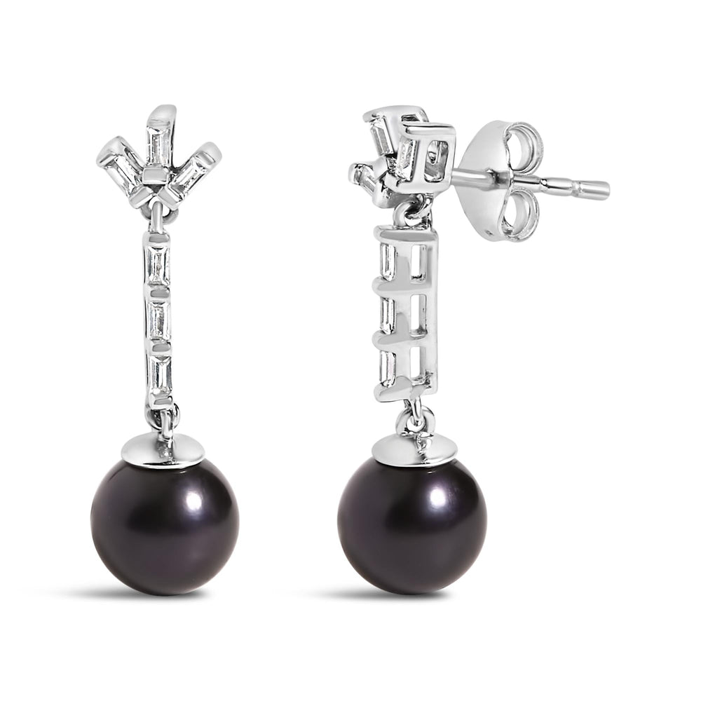 .925 Sterling silver 7MM Cultured Black Pearl and White sapphire Drop and Dangle Earring