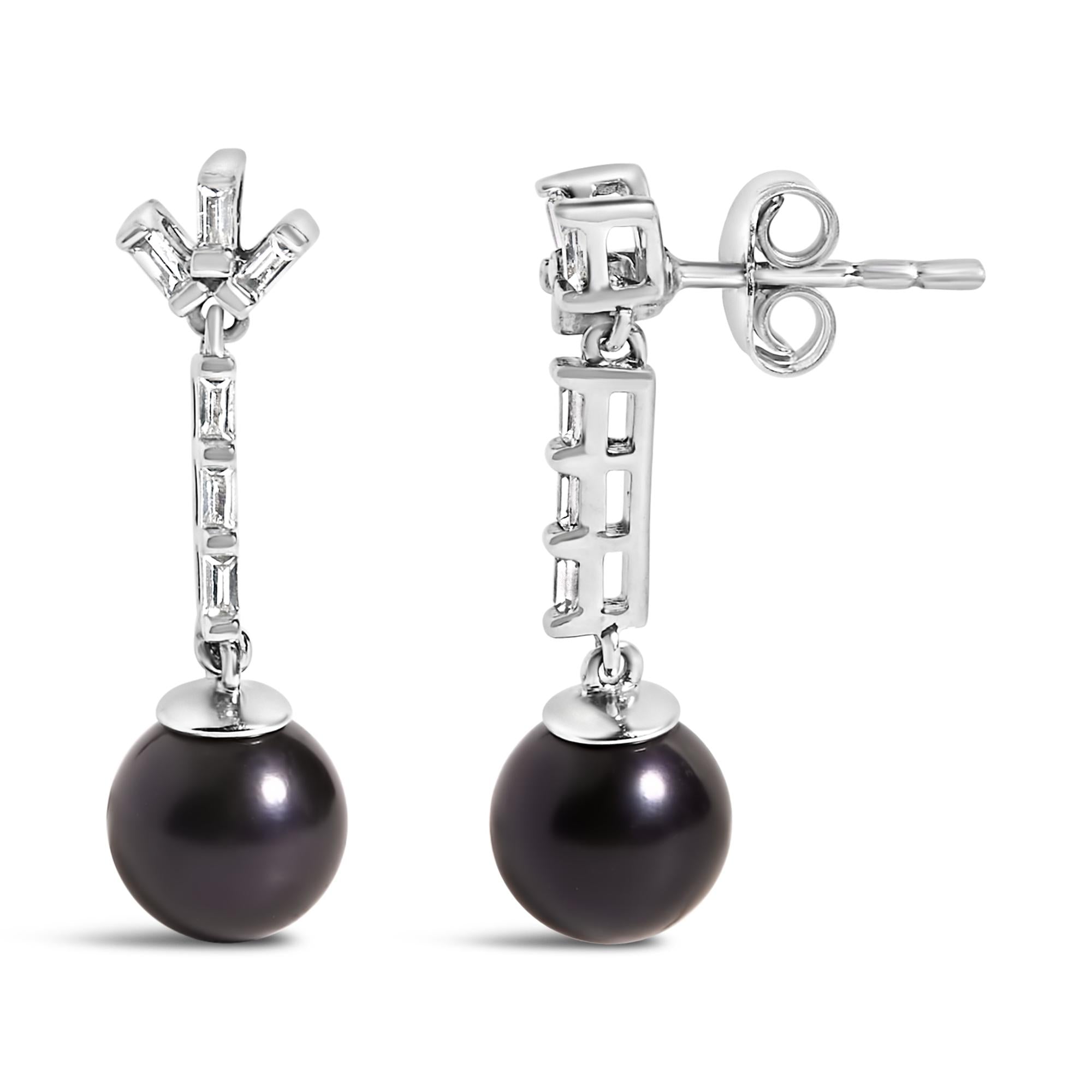 .925 Sterling silver 7MM Cultured Black Pearl and White sapphire Drop and Dangle Earring