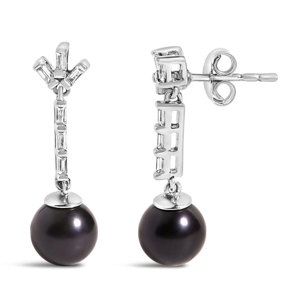 .925 Sterling silver 7MM Cultured Black Pearl and White sapphire Drop and Dangle Earring
