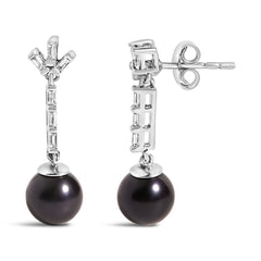 .925 Sterling silver 7MM Cultured Black Pearl and White sapphire Drop and Dangle Earring