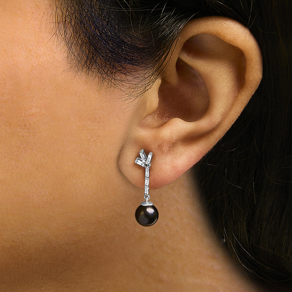 .925 Sterling silver 7MM Cultured Black Pearl and White sapphire Drop and Dangle Earring