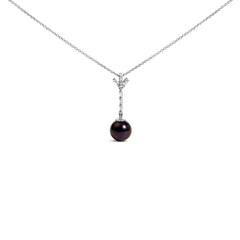 .925 Sterling Silver 8mm Black Pearl and Created White Sapphire Pendant Pendant Necklace