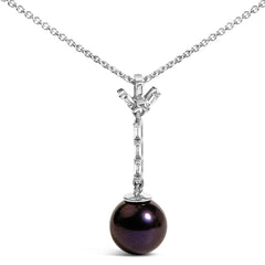 .925 Sterling Silver 8mm Black Pearl and Created White Sapphire Pendant Pendant Necklace