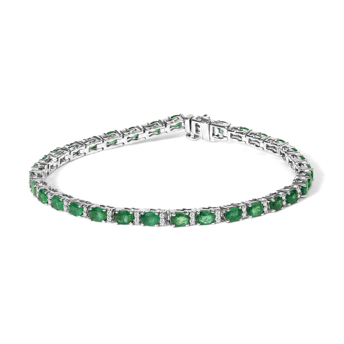 14K White Gold Alternating Oval Green Emerald and Diamond Tennis Bracelet
