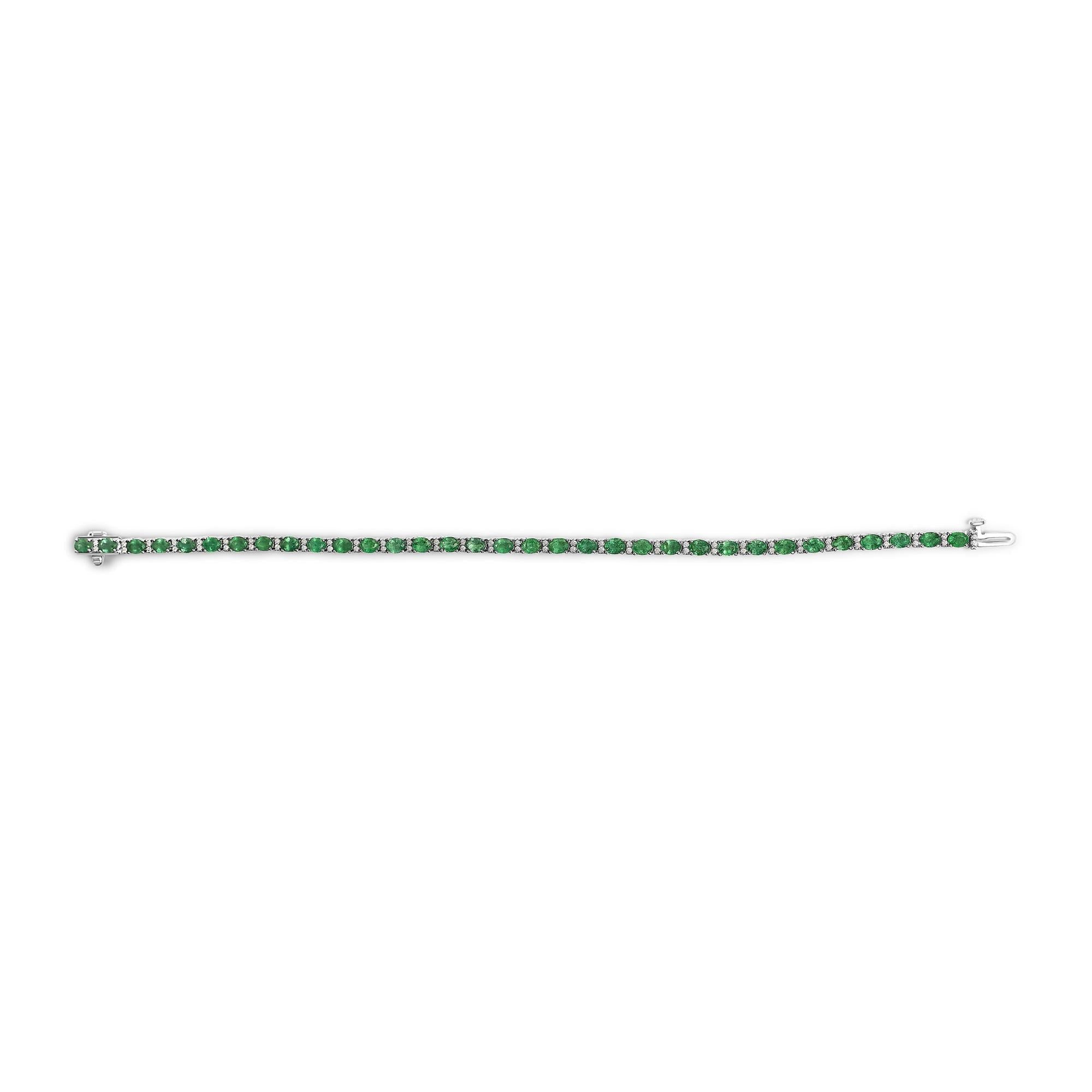 14K White Gold Alternating Oval Green Emerald and Diamond Tennis Bracelet