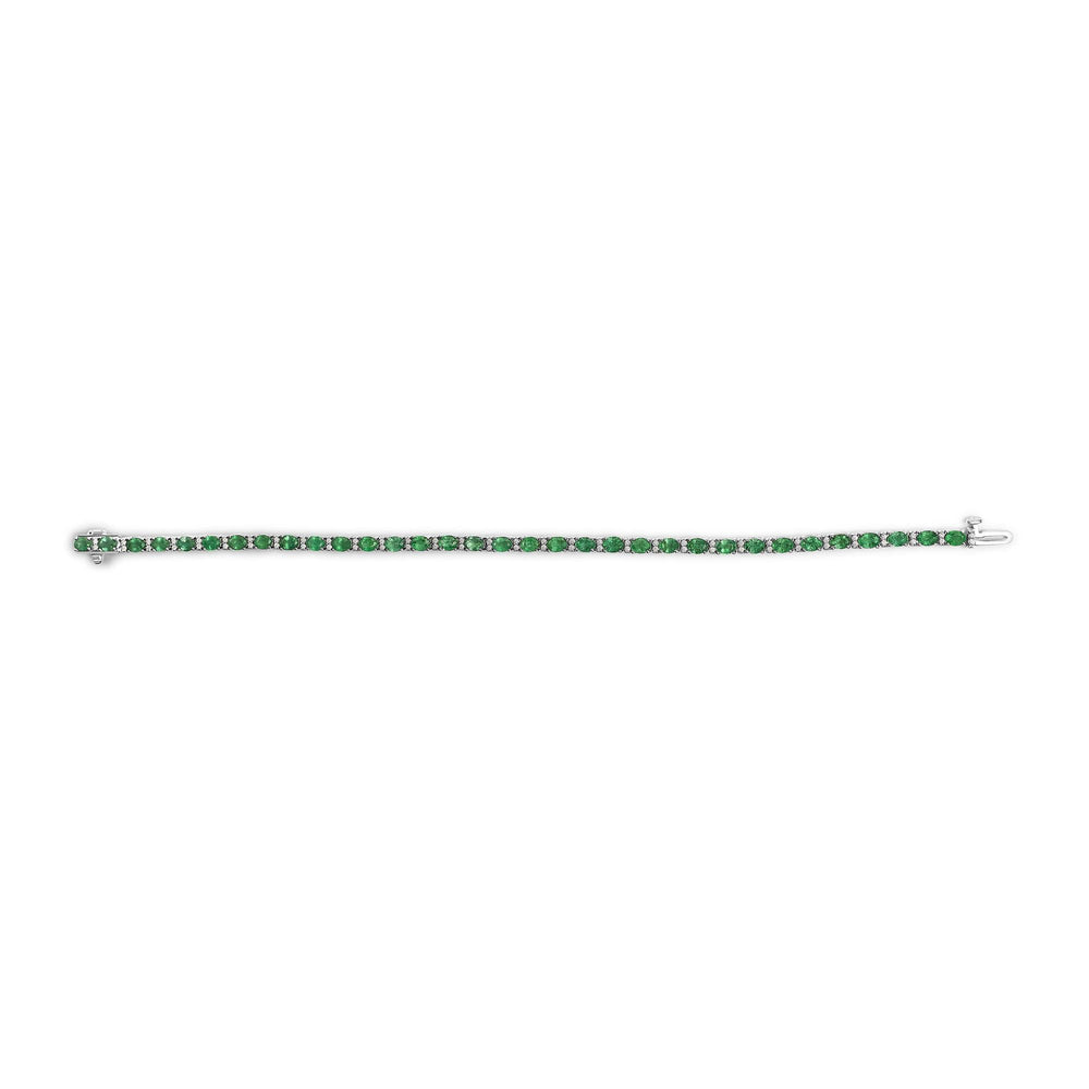 14K White Gold Alternating Oval Green Emerald and Diamond Tennis Bracelet