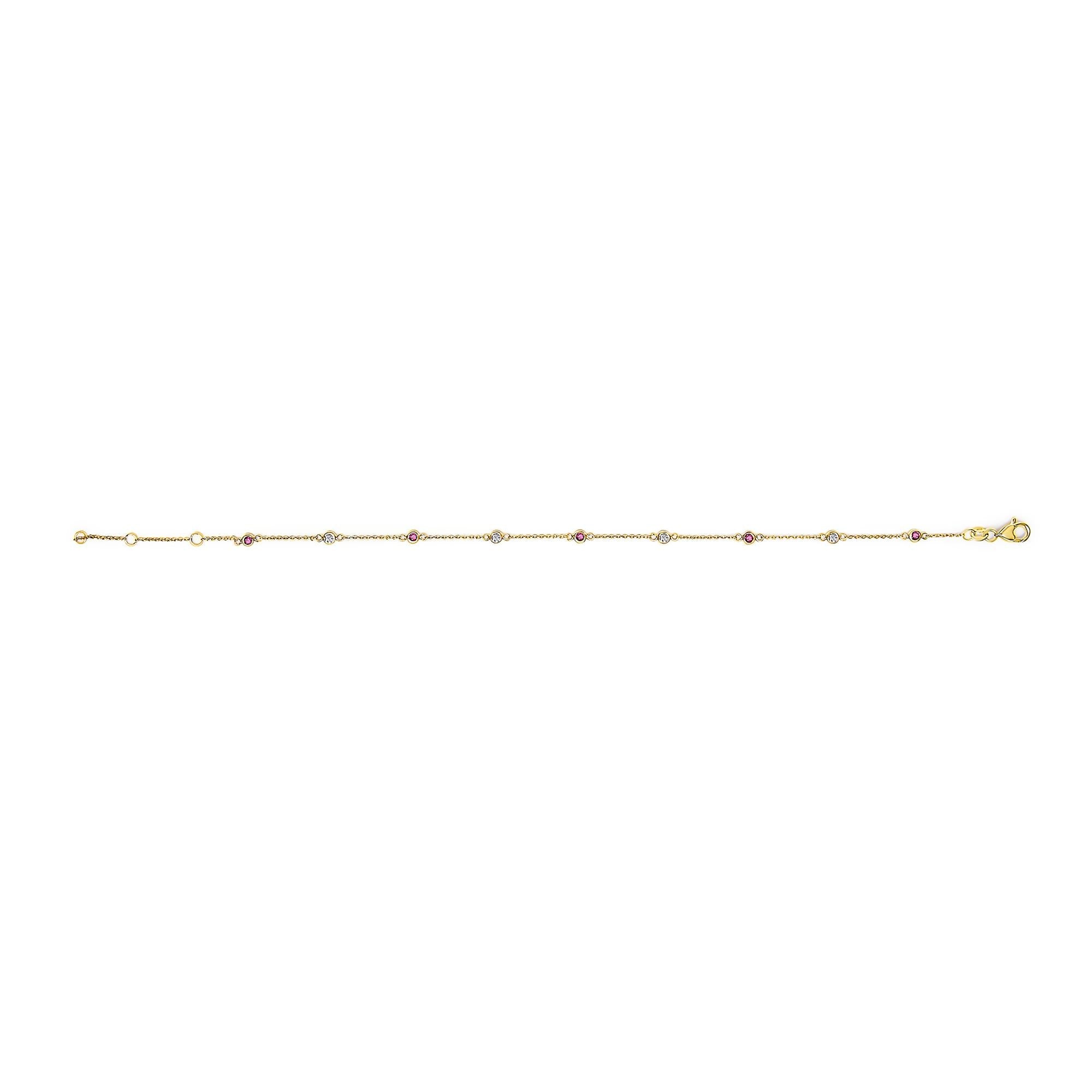 14K Yellow Gold Alternating Red Ruby and White Diamond Bezel Station Chain Bracelet (I-J Color, SI2-I1 Clarity) - 8" Inches