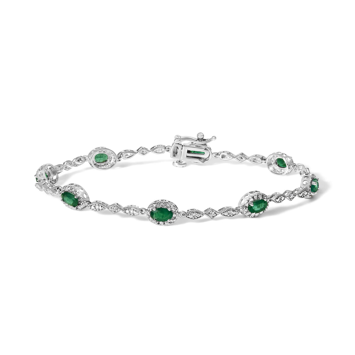 10K White Gold Oval Green Emerald & Diamond Alternating Link Bracelet