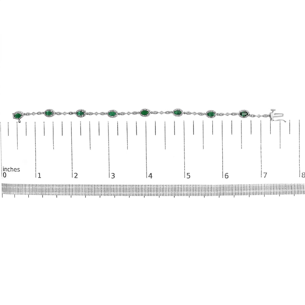 10K White Gold Oval Green Emerald & Diamond Alternating Link Bracelet