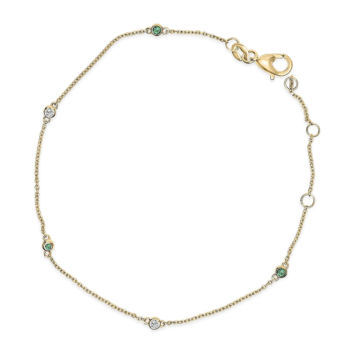 14K Yellow Gold Alternating Green Emerald and Diamond Bezel Station Chain Bracelet - Size 7.5 inch