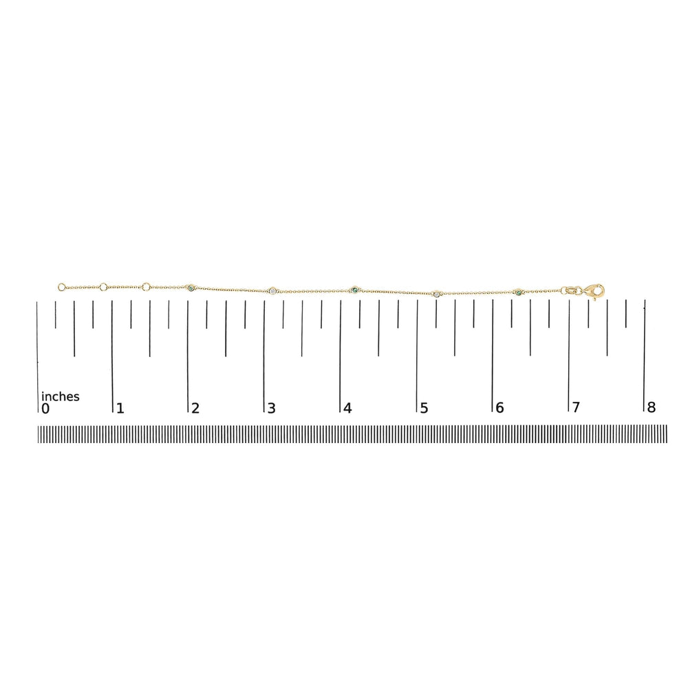 14K Yellow Gold Alternating Green Emerald and Diamond Bezel Station Chain Bracelet - Size 7.5 inch