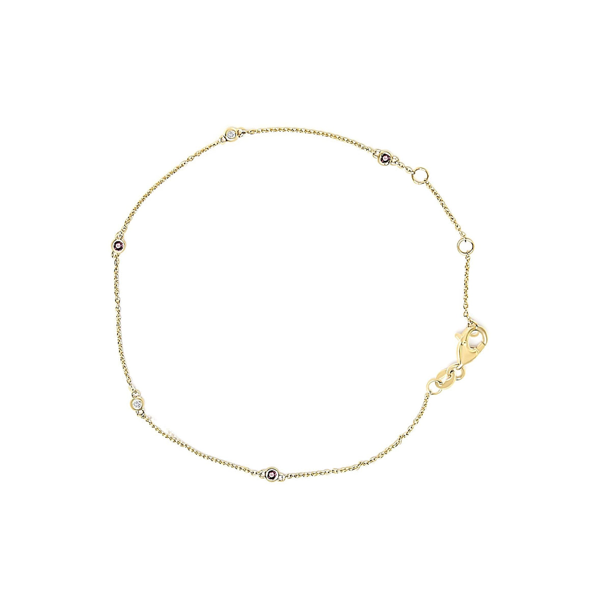 14K Yellow Gold Alternating Red Ruby and White Diamond Bezel Station Chain Bracelet (I-J Color, SI2-I1 Clarity) - 7.5" Inches