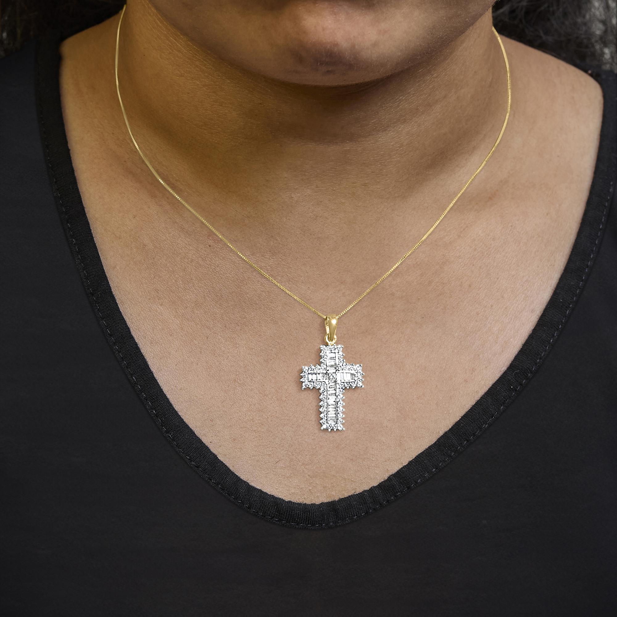 14K Yellow Gold 2.0 Cttw Multi-Row Diamond Cross Pendant Necklace