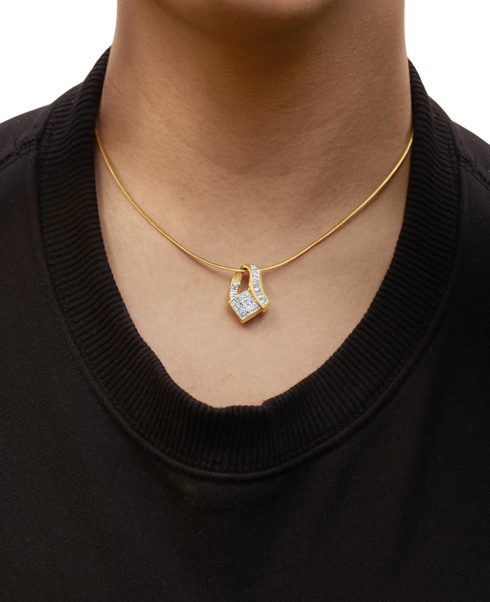 14k Yellow Gold 2.0 Cttw Princess and Baguette-cut Diamond Art Deco Inspired Pendant Necklace (G-H Color, VS1-VS2 Clarity) - 18 Inch