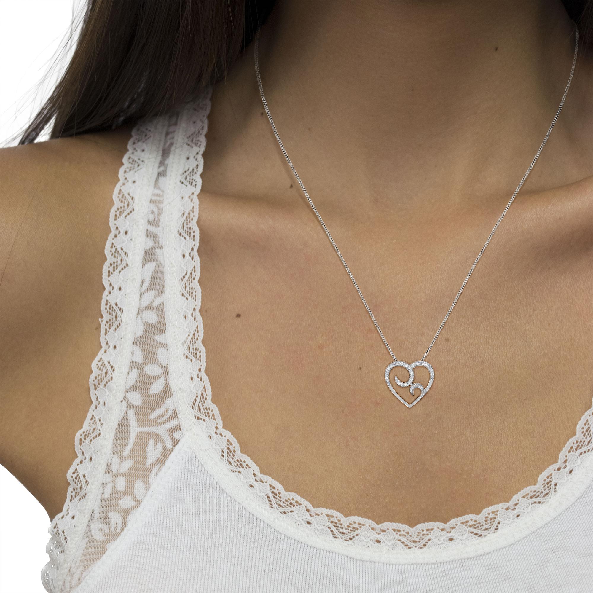 .925 Sterling Silver 1/4 cttw Round Diamond Heart Pendant Necklace (H-I, I1-I2)