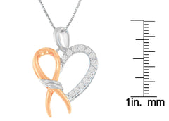 Two-Toned .925 Sterling Silver 1/5 cttw Round Cut Diamond Ribbon Heart Accent Pendant Necklace (H-I, I2-I3)