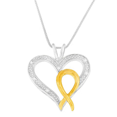 .925 Sterling Silver Two Toned 1/25 cttw Diamond Heart-Ribbon Pendant Necklace (I-J, I2-I3)
