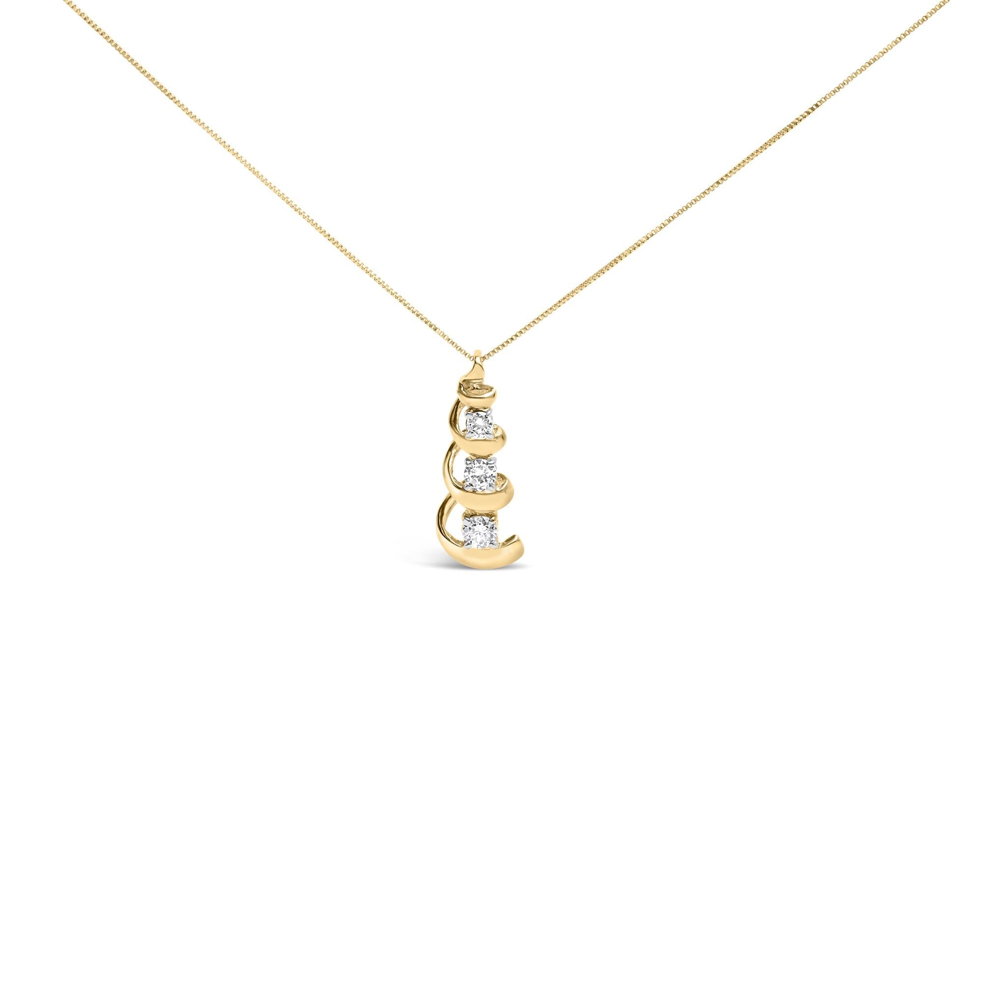10k Yellow Gold 1/4 Cttw Diamond 3 Stone Swirl and Drop Pendant Necklace