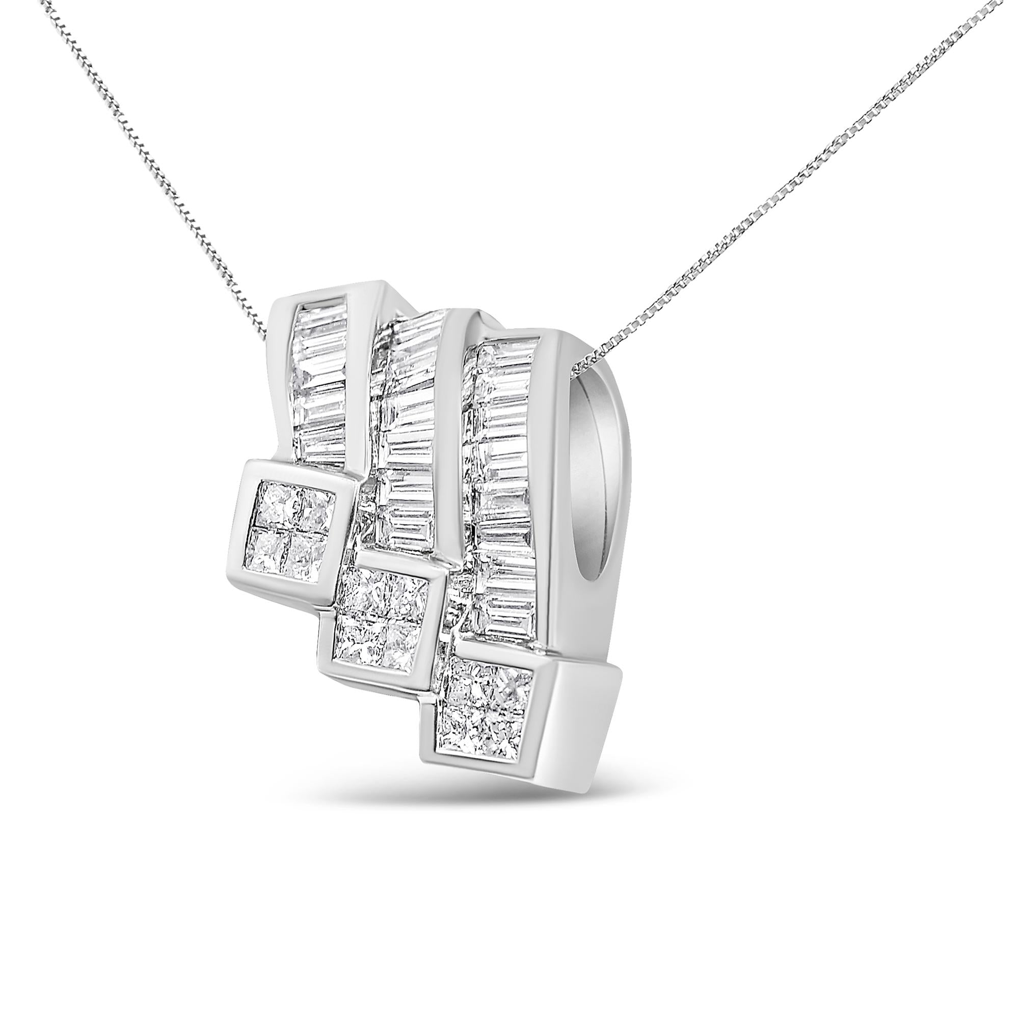14K White Gold 1 1/2 Cttw Invisible Set Princess and Channel Set Baguette-cut Diamond Triple Curve Pendant Necklace (G-H Color, SI1-SI2 Clarity) - NO CHAIN INCLUDED