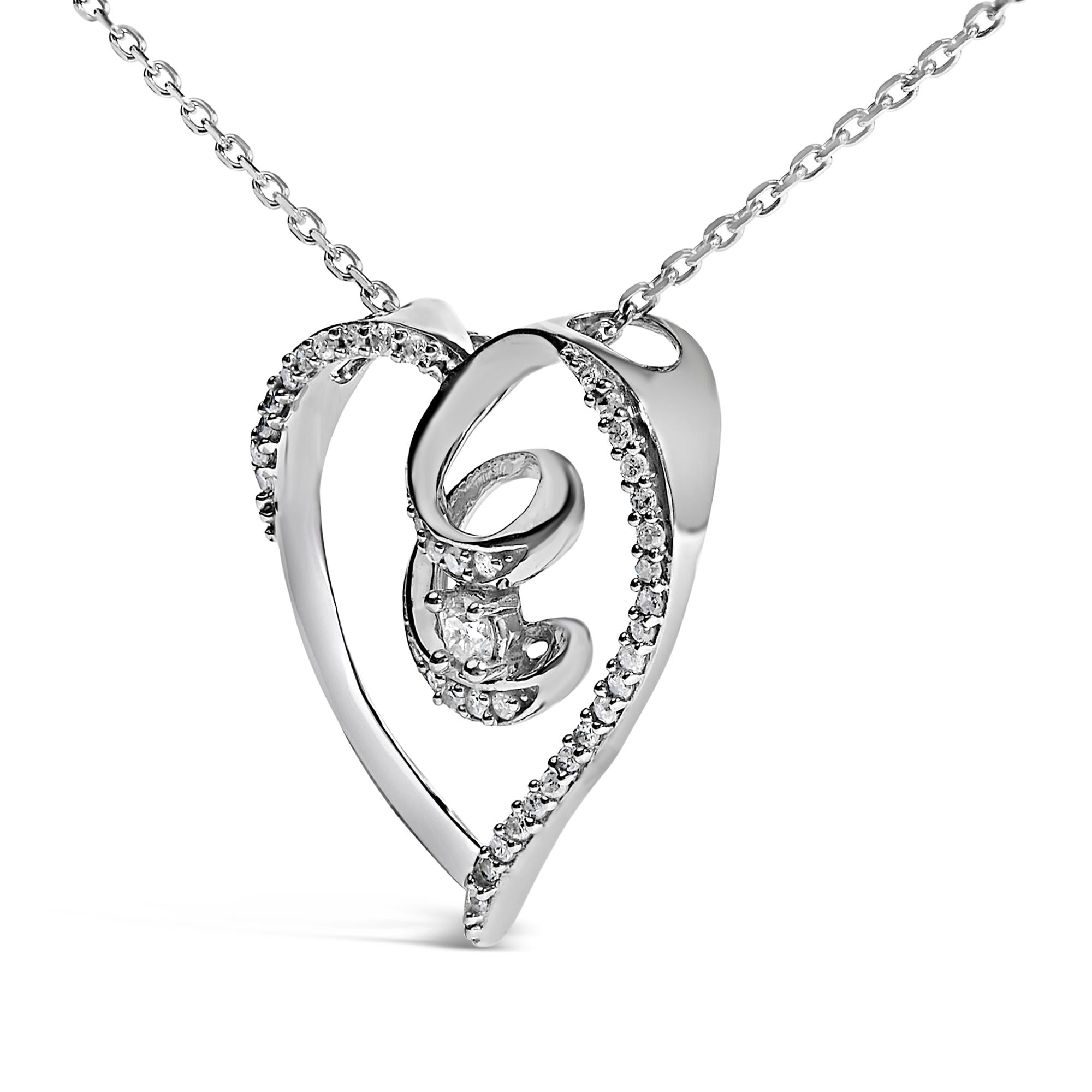 .925 Sterling Silver 1/4 Cttw Brilliant-Cut Diamond Open Heart Twisted Awareness Ribbon 18" Pendant Necklace (H-I Color, I1-I2 Clarity)