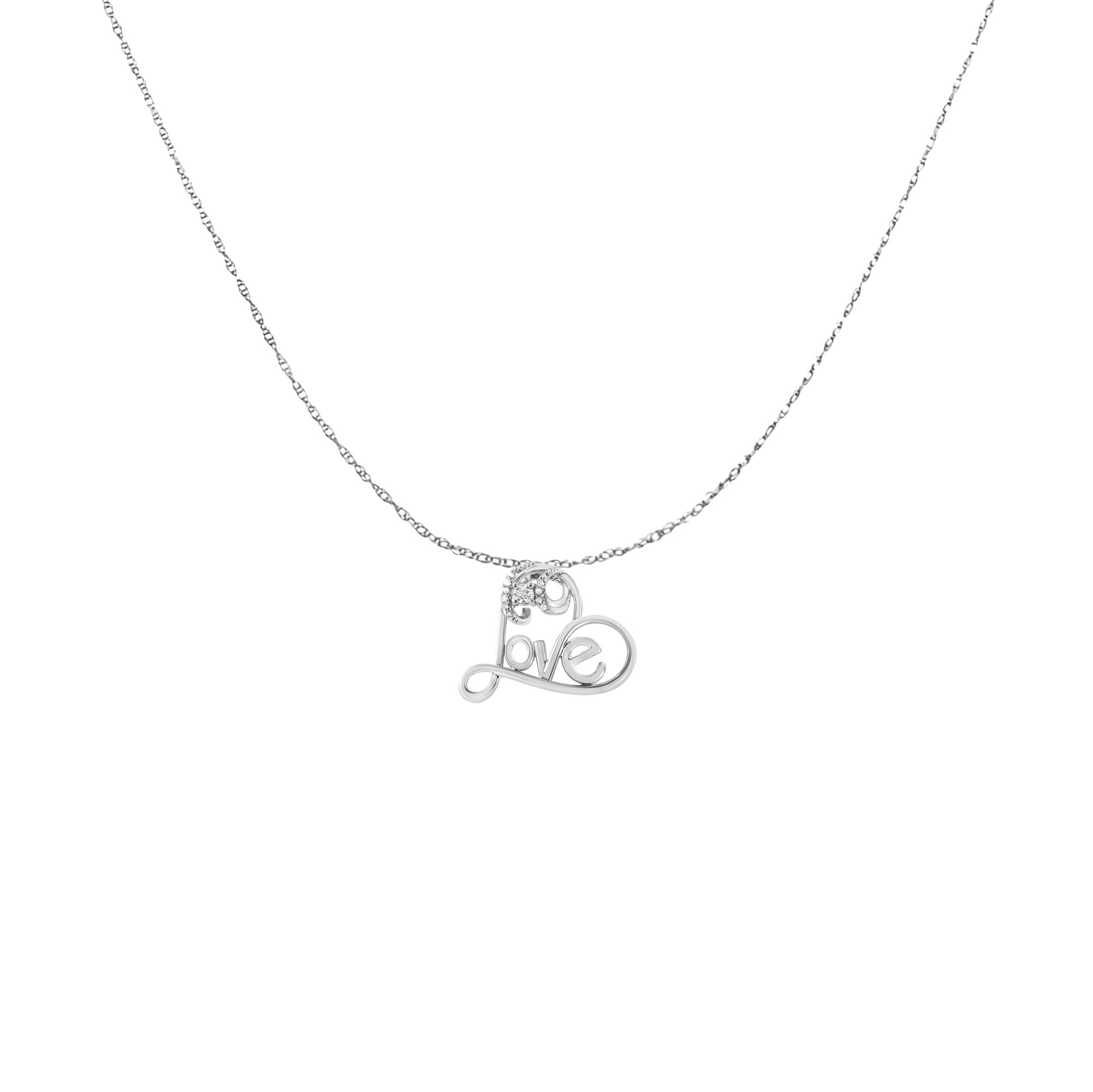 .925 Sterling Silver 1/10 Cttw Round Brilliant-Cut Diamond Accented Open Heart with Love 18" Pendant Necklace (H-I Color, I1-I2 Clarity)
