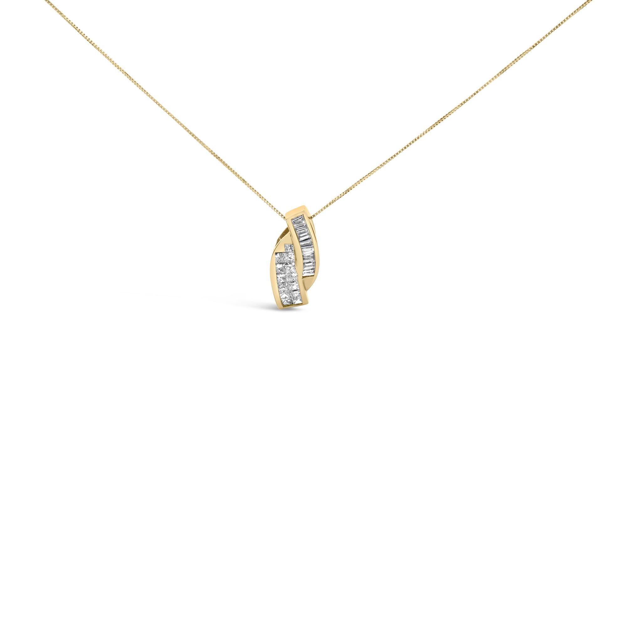 14k Yellow Gold 1 1/3 Cttw Princess and Baguette-cut Diamond Double Curved Pendant Necklace (H-I Color ,VS1-VS2 Clarity) - NO CHAIN INCLUDED