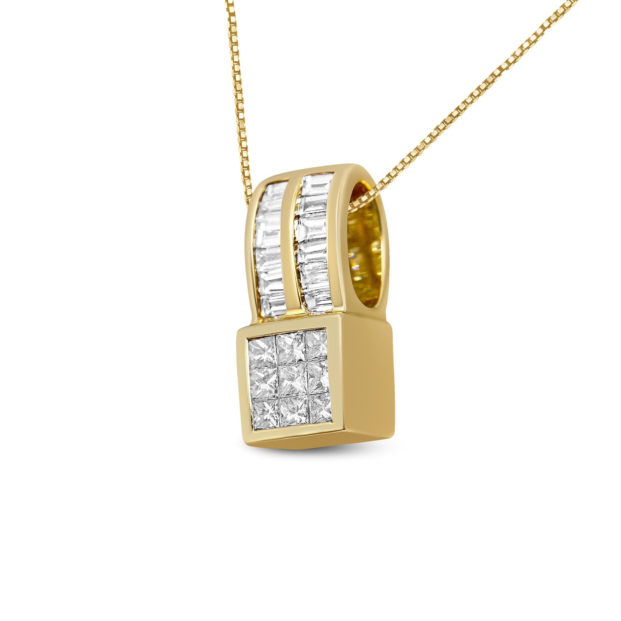 14K Yellow Gold 1 1/4 cttw Princess and Baguette Cut Geometric Inspired Diamond Pendant Necklace (H-I, VS1-VS2)