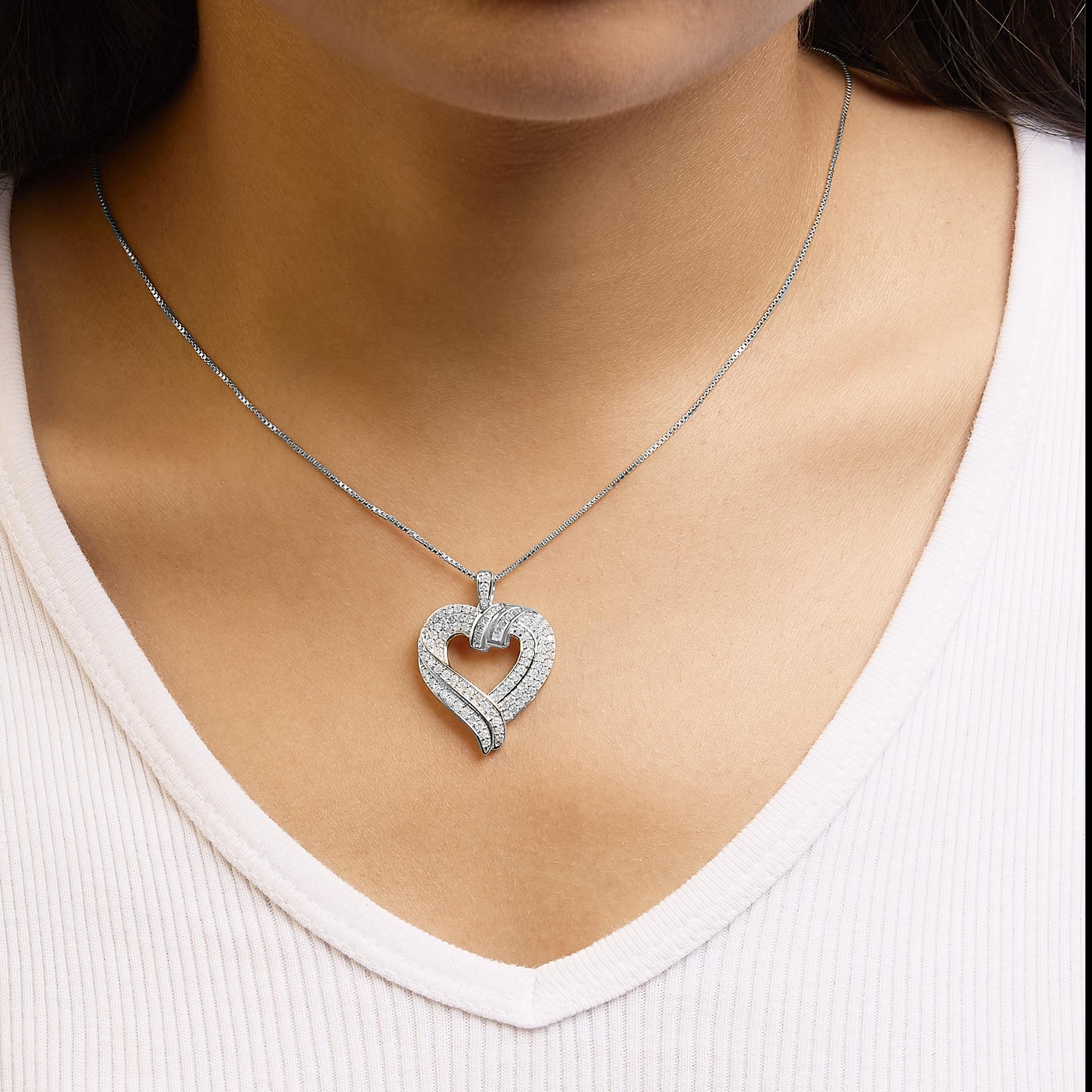 .925 Sterling Silver 1.00 Cttw Baguette Diamond Composite Open Heart 18" Inch Pendant Necklace (I-J Color, I1-I2 Clarity)