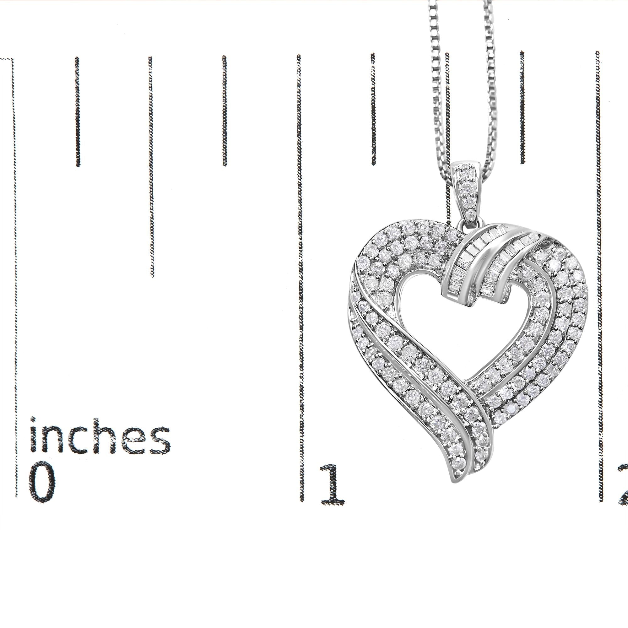 .925 Sterling Silver 1.00 Cttw Baguette Diamond Composite Open Heart 18" Inch Pendant Necklace (I-J Color, I1-I2 Clarity)