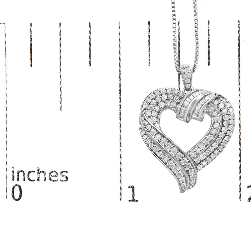 .925 Sterling Silver 1.00 Cttw Baguette Diamond Composite Open Heart 18" Inch Pendant Necklace (I-J Color, I1-I2 Clarity)