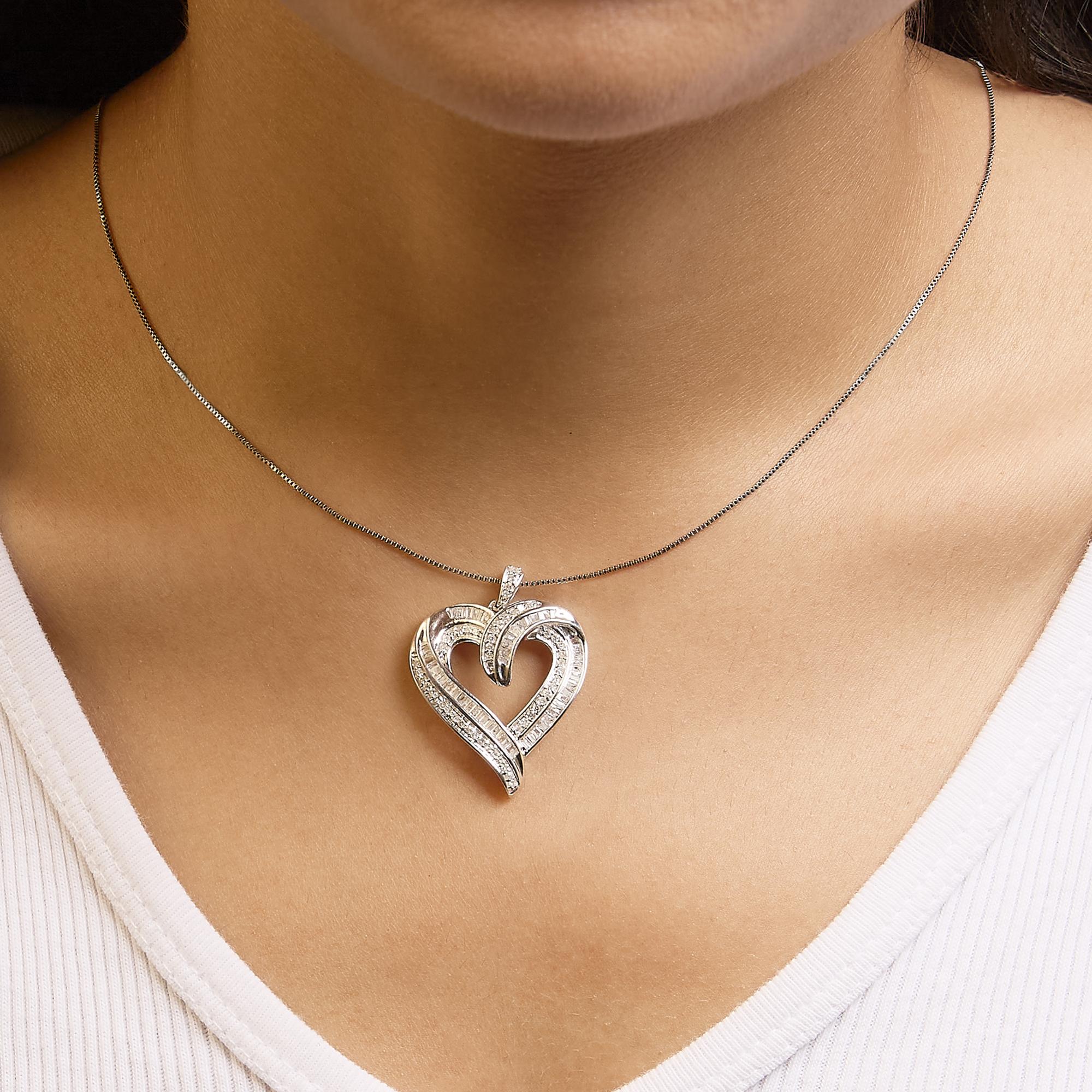 .925 Sterling Silver 3/4 Cttw Round and Baguette-Cut Diamond Open Heart 18" Pendant Necklace (I-J Color, I2-I3 Clarity)