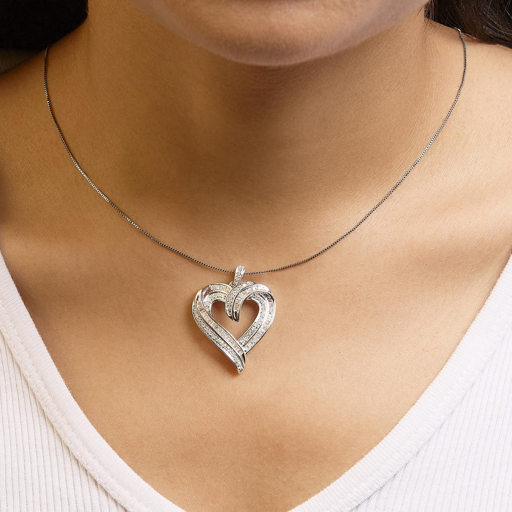 .925 Sterling Silver 3/4 Cttw Round and Baguette-Cut Diamond Open Heart 18" Pendant Necklace (I-J Color, I2-I3 Clarity)