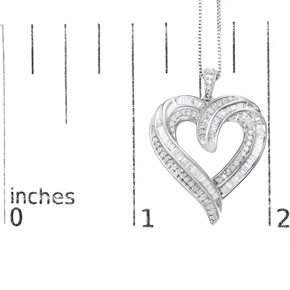 .925 Sterling Silver 3/4 Cttw Round and Baguette-Cut Diamond Open Heart 18" Pendant Necklace (I-J Color, I2-I3 Clarity)