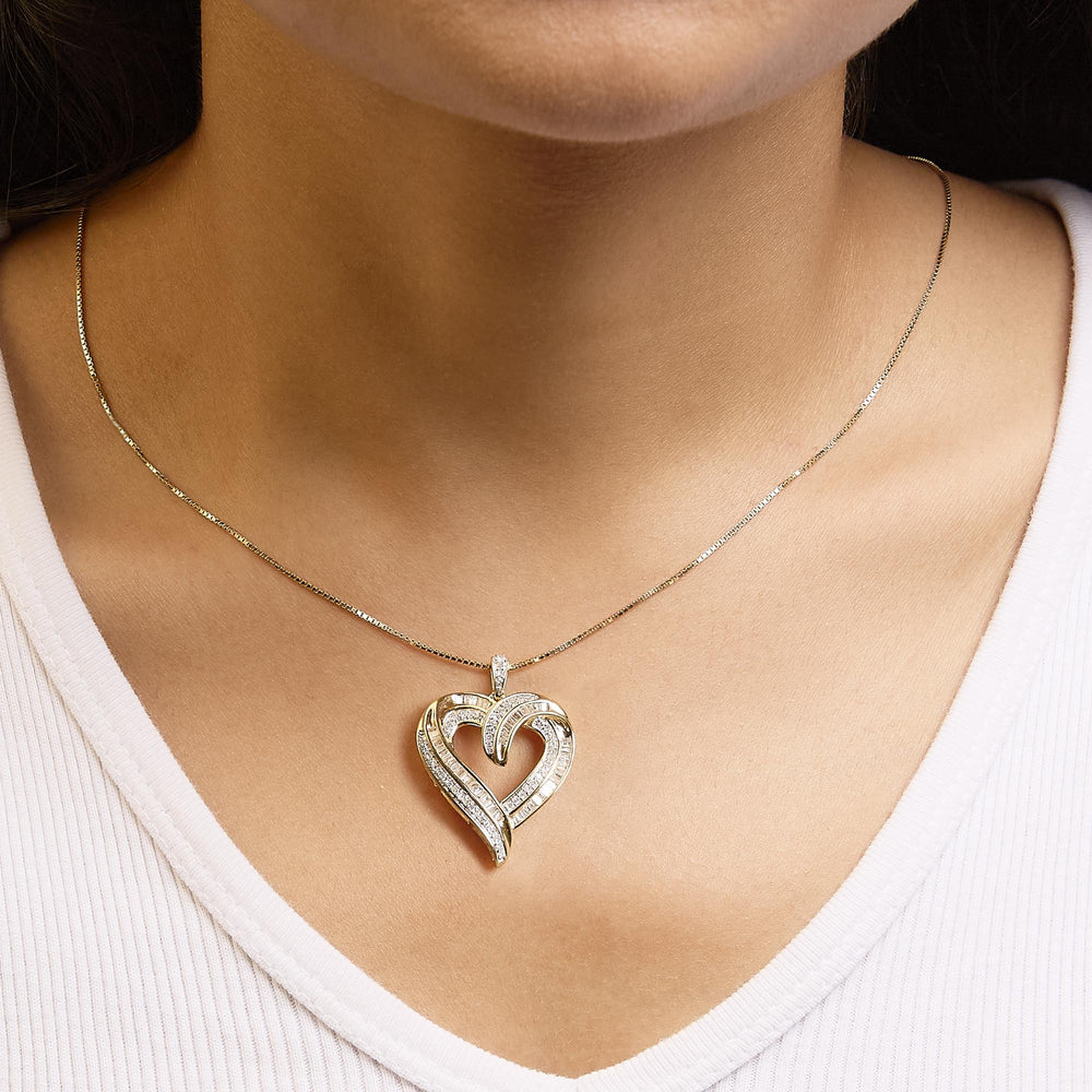 .925 Sterling Silver 3/4 Cttw Round and Baguette-Cut Diamond Open Heart 18" Pendant Necklace (I-J Color, I2-I3 Clarity)