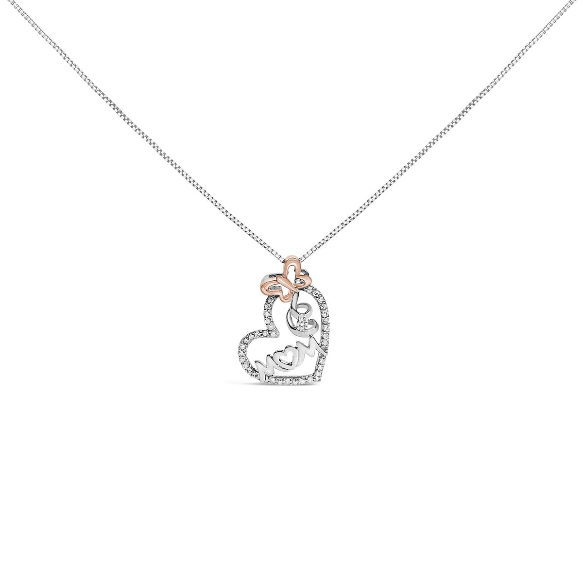 Two Tone .925 Sterling Silver 1/5 cttw Diamond "Mom" and Heart Pendant Necklace (H-I, I1-I2)