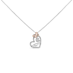 Two Tone .925 Sterling Silver 1/5 cttw Diamond "Mom" and Heart Pendant Necklace (H-I, I1-I2)