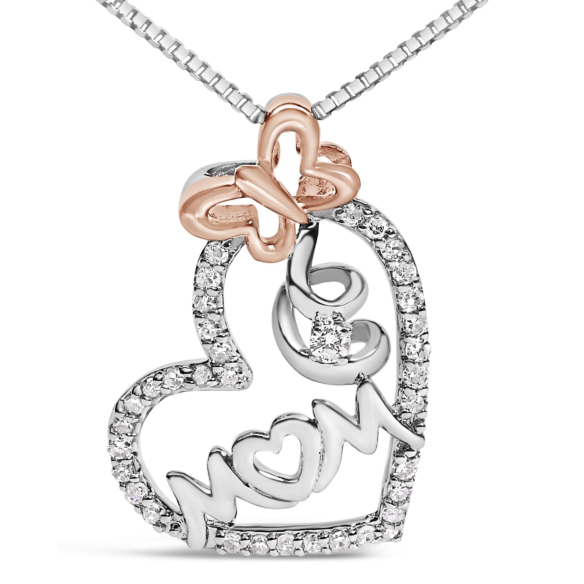 Two Tone .925 Sterling Silver 1/5 cttw Diamond "Mom" and Heart Pendant Necklace (H-I, I1-I2)