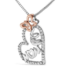 Two Tone .925 Sterling Silver 1/5 cttw Diamond "Mom" and Heart Pendant Necklace (H-I, I1-I2)