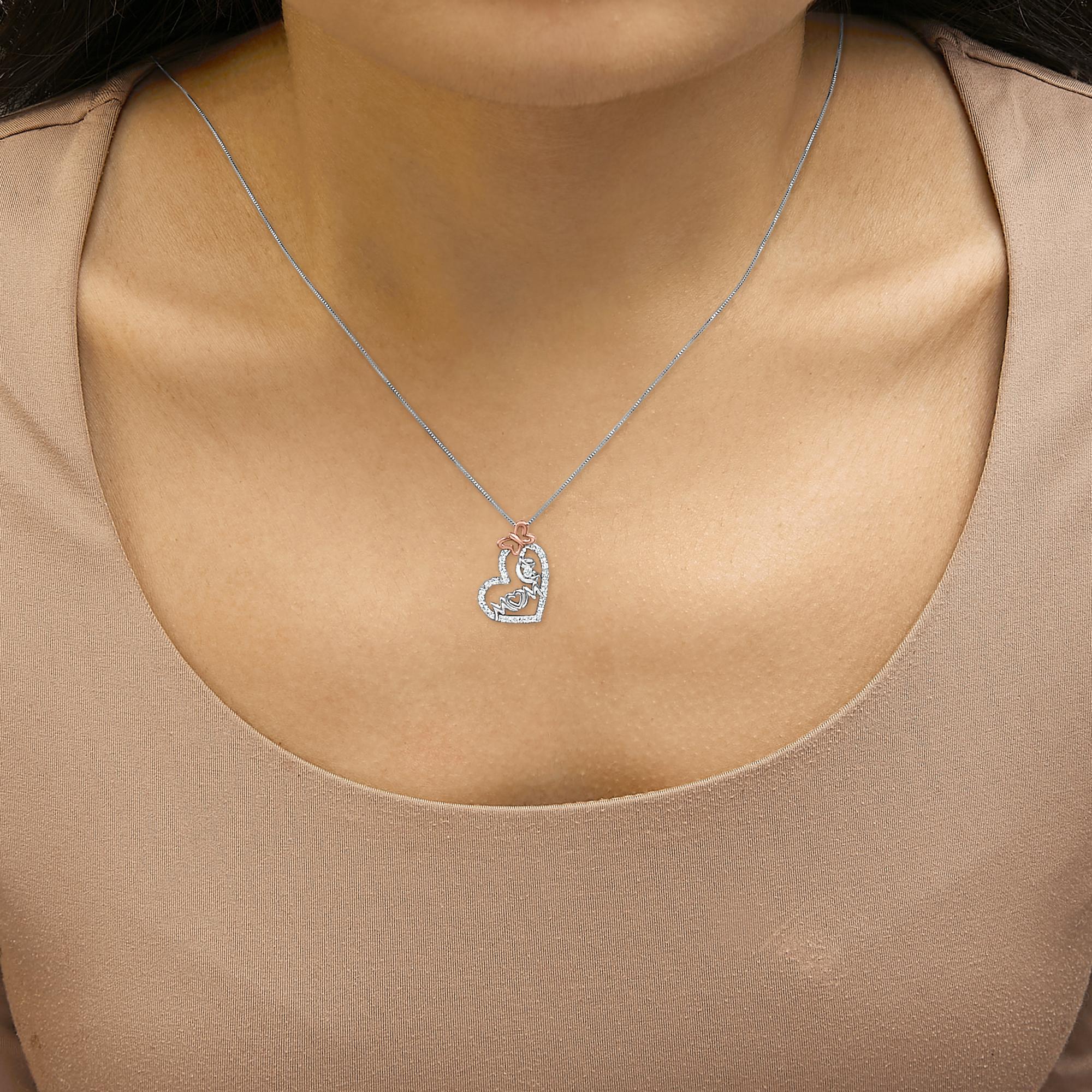 Two Tone .925 Sterling Silver 1/5 cttw Diamond "Mom" and Heart Pendant Necklace (H-I, I1-I2)