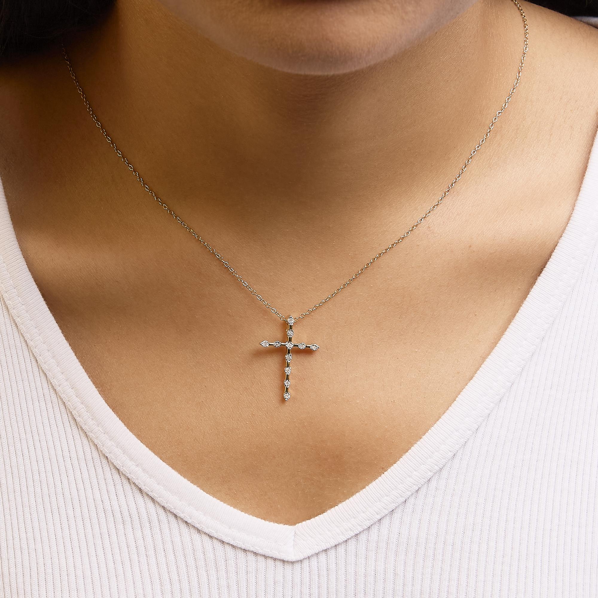 14K Yellow Gold Plated .925 Sterling Silver Miracle Set Diamond Accent Cross 18" Pendant Necklace (H-I Color, I2 Clarity)