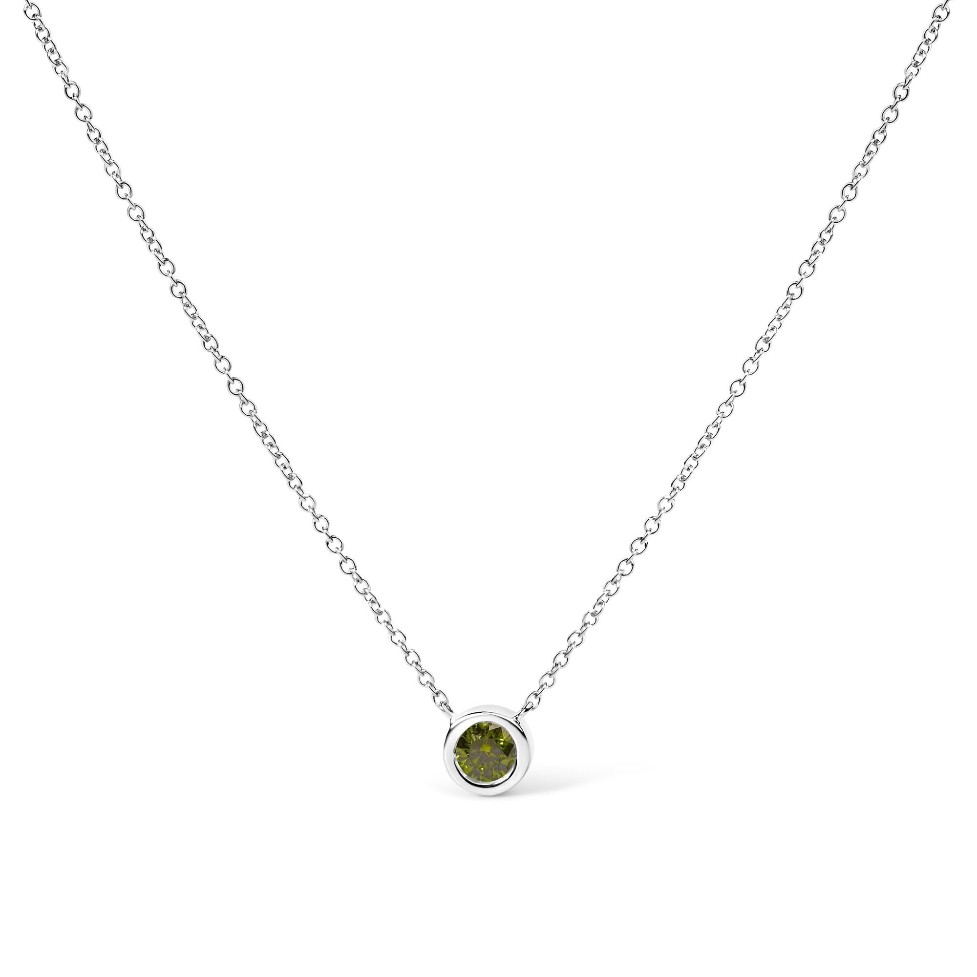 14K White Gold 1/2 Cttw Green Lab Grown Diamond Bezel-Set Solitaire 18" Pendant Necklace (Green Color, VS1-VS2 Clarity)