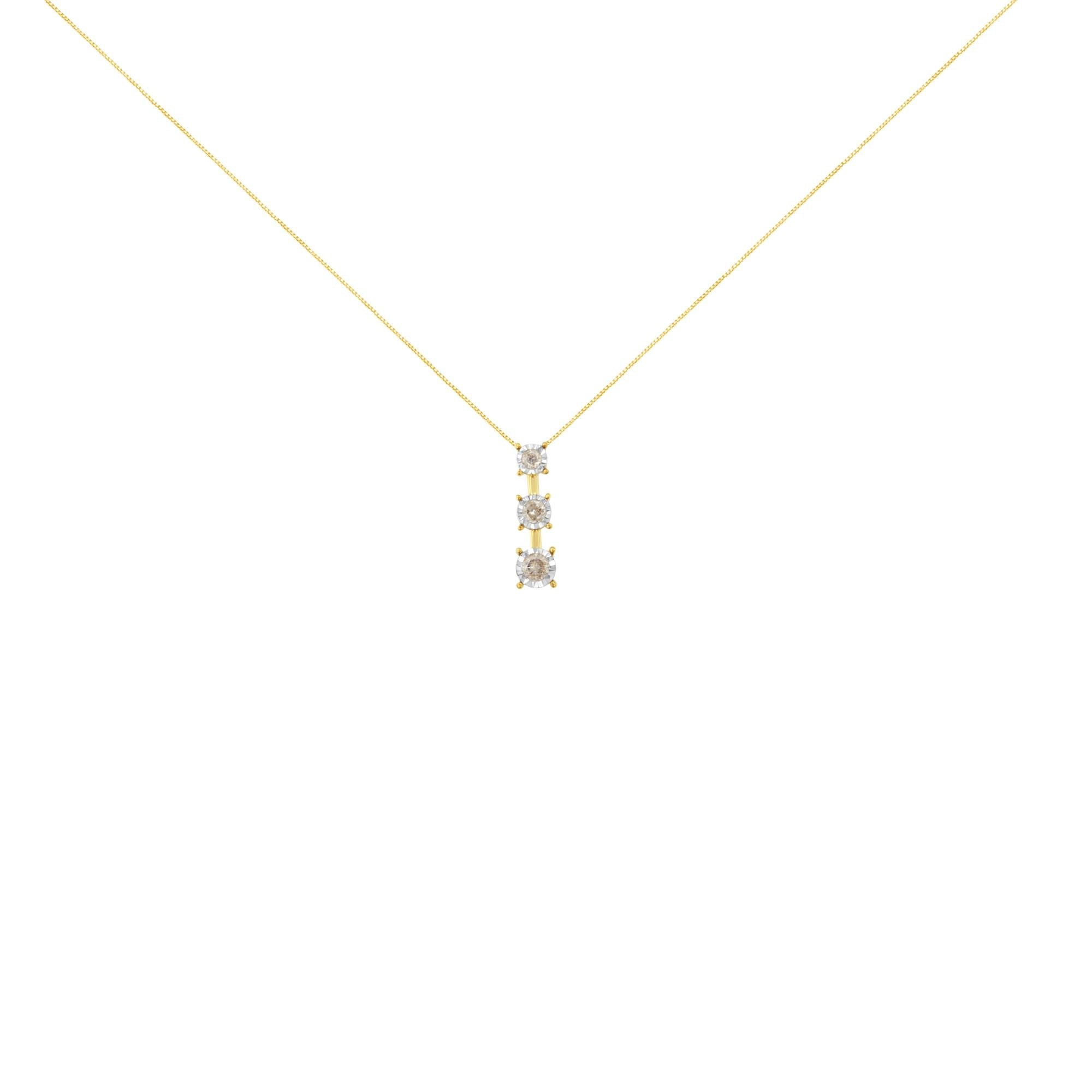 10K Yellow Gold 1/4 cttw Miracle-Set Brilliant Round Cut Diamond Graduating 3 Stone Drop 18" Pendant Necklace (J-K Color, I1-I2 Clarity)