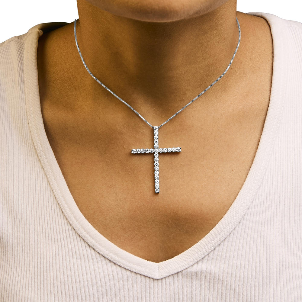 .925 Sterling Silver 2.0 Cttw Round Shape Diamond 1-1/4" Cross Pendant with Box Chain Necklace (I-J Color, I1-I2 Clarity) - 18"